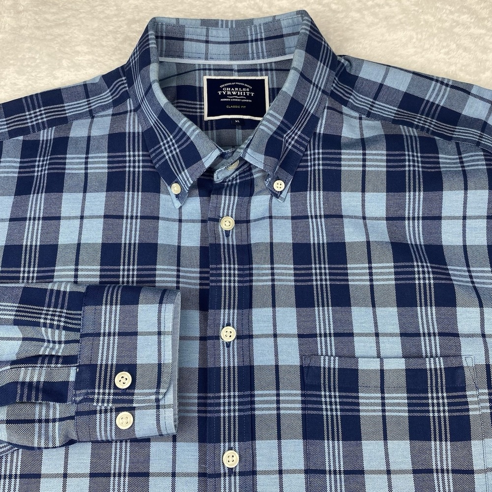 Charles Tyrwhitt Shirt Mens XL Blue Plaid‎ Classic Fit Flip Cuffs Heavier Weight